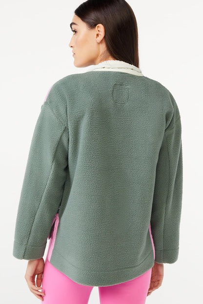 Green Fleece Color Block Patchwork Half Zip Sweatshirt