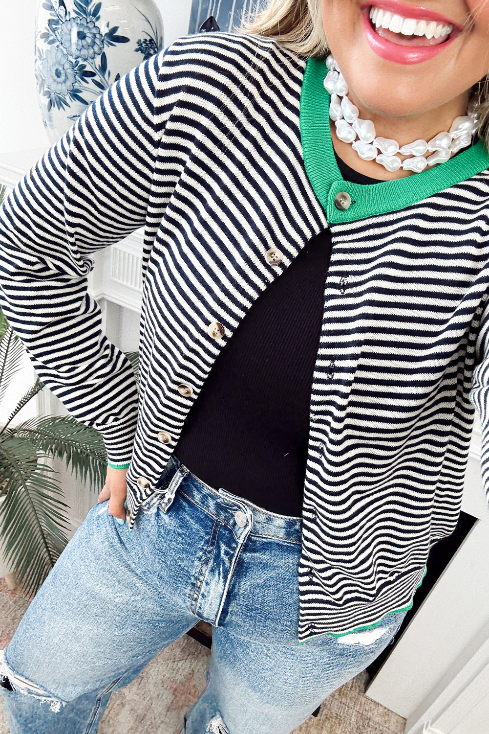Black Stripe Plus Size Contrast Ribbed Trim Button Down Sweater Cardigan
