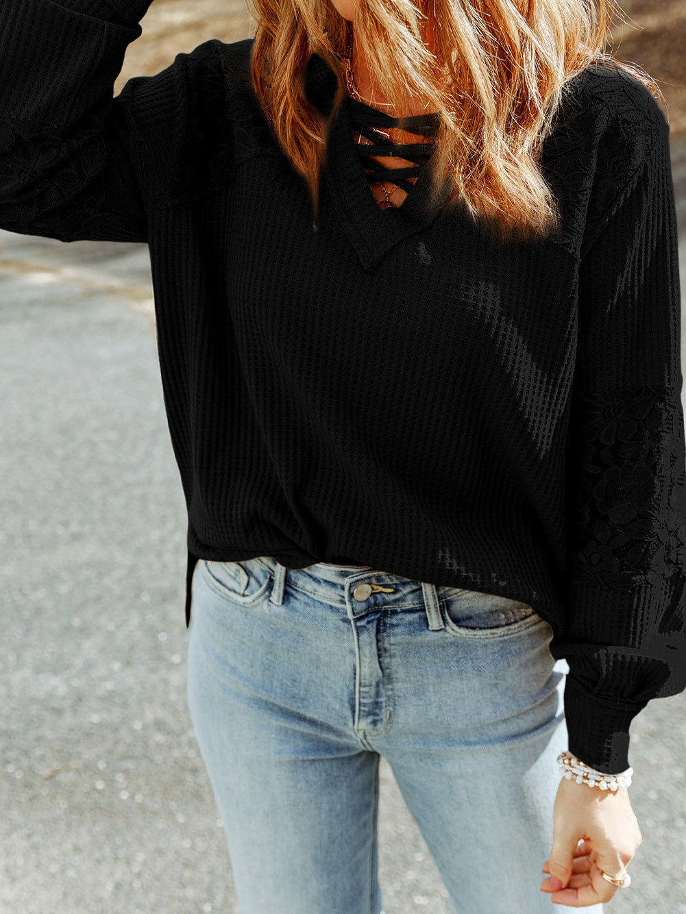 Elegant Black Lace Patchwork V Neck Long Sleeve Knit Top