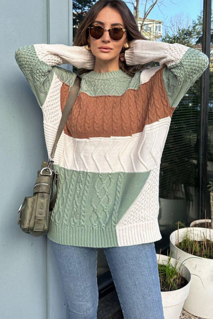Green Cable Mix Texture Color Block Knit Baggy Sweater