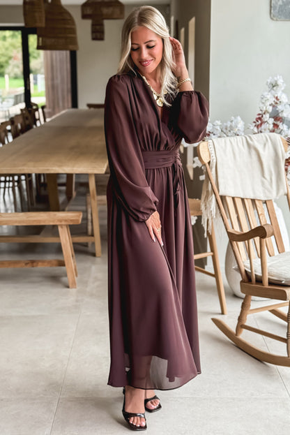 Dark Brown Solid Color Long Sleeve V Neck Pleated High Waist Maxi Dress