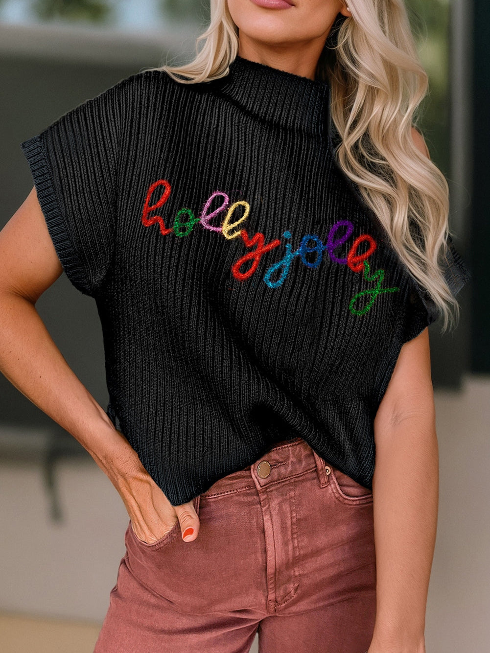 Festive Holly Jolly Black High Neck Short Sleeve Christmas Sweater