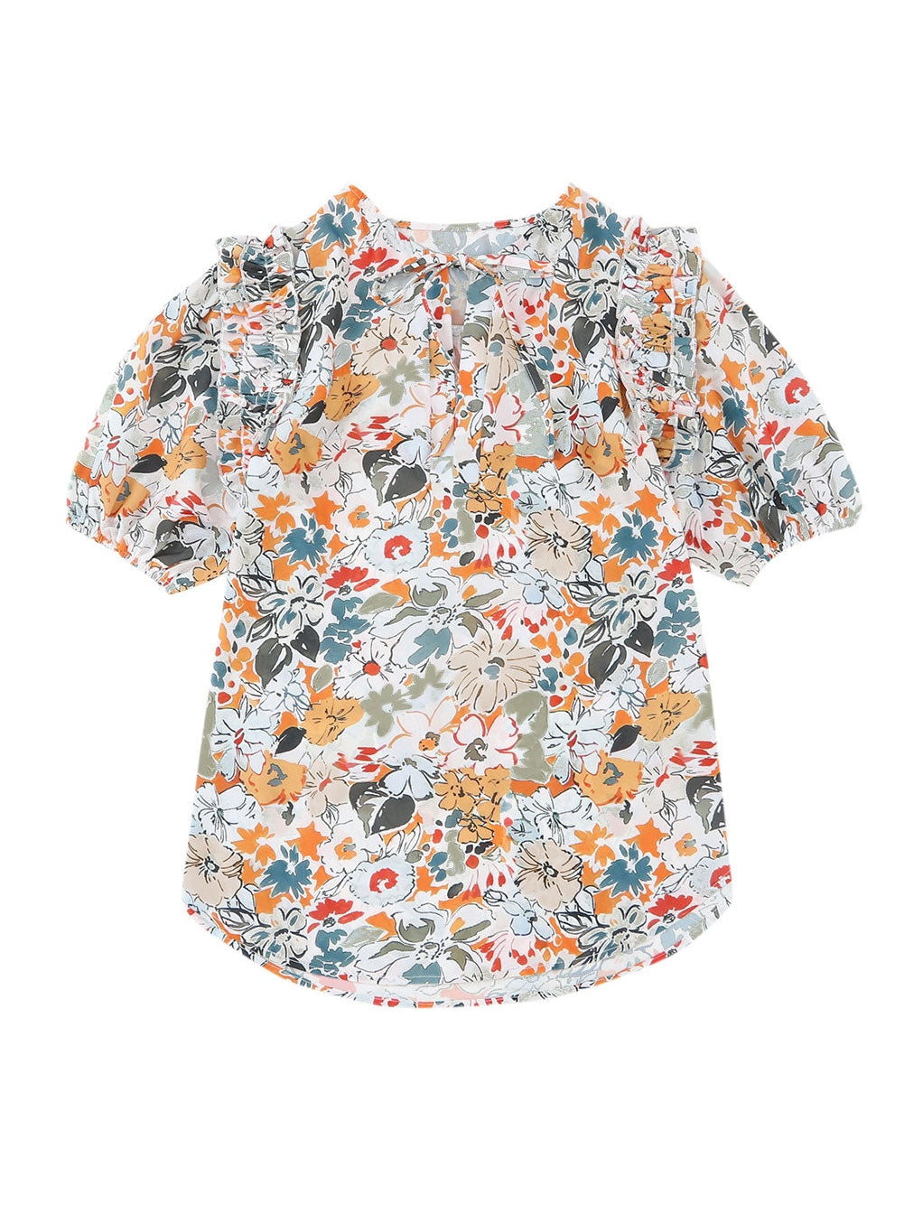 Floral Print Split V Neck Puff Sleeve Blouse