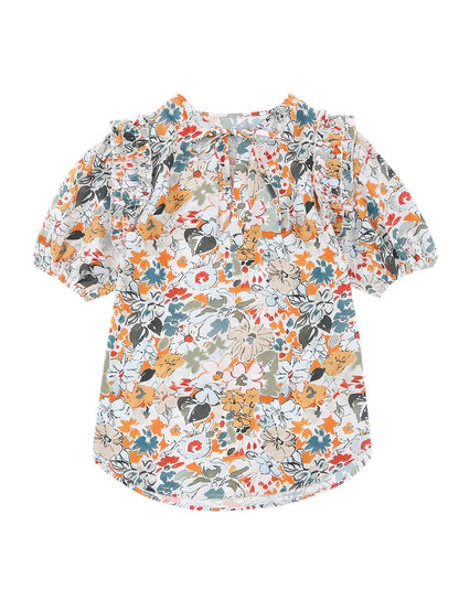 Floral Print Split V Neck Puff Sleeve Blouse