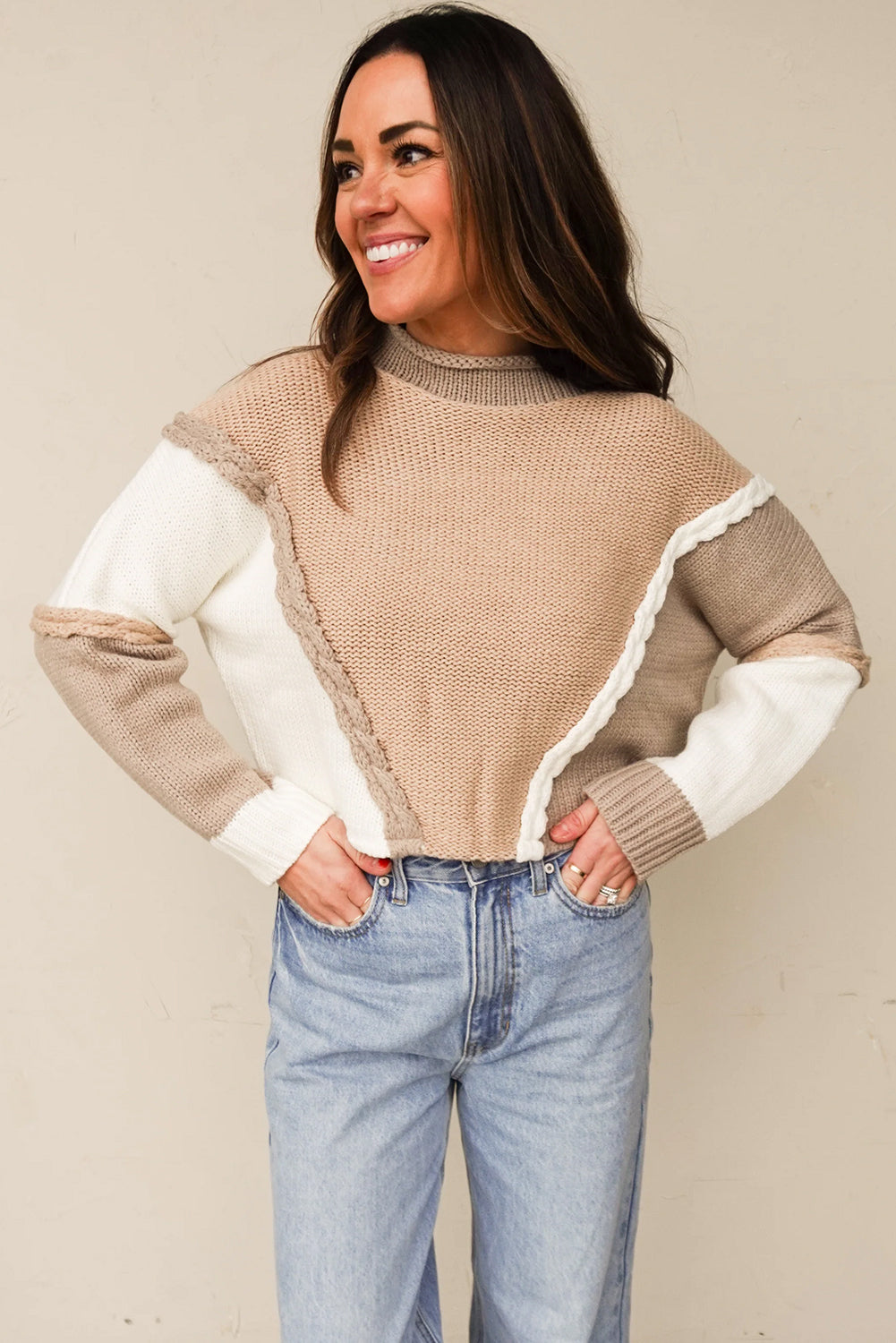 Khaki Braided Trim Color Block Patchwork Knit Sweater