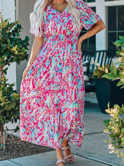 Vintage Print Puff Sleeve Maxi Dress