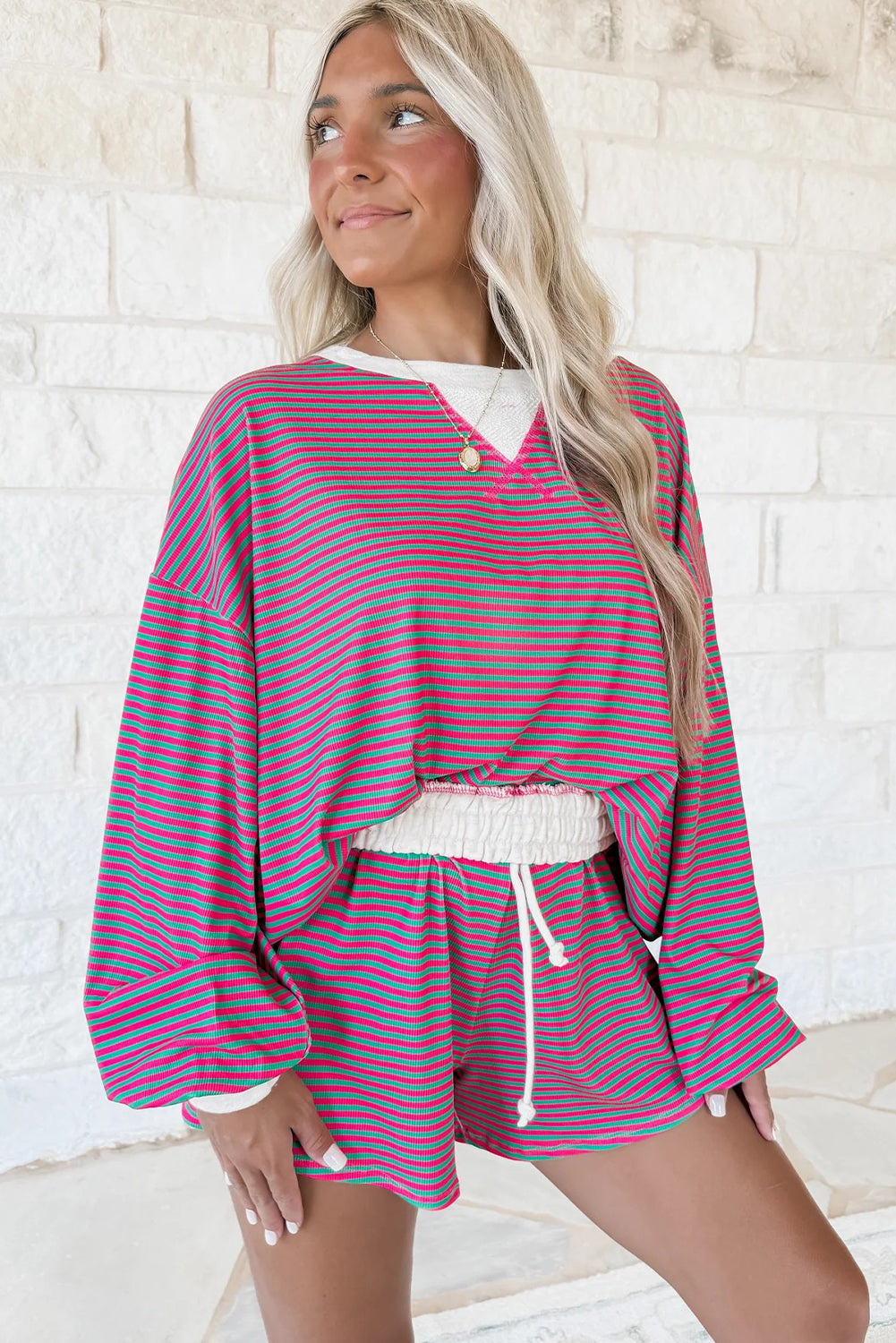Rose Stripe Drop Shoulder Bubble Sleeve Pullover and Drawstring Casual Shorts Set