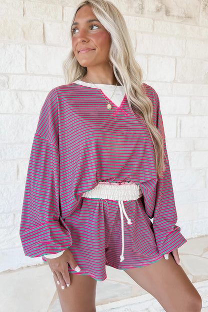 Rose Stripe Drop Shoulder Bubble Sleeve Pullover and Drawstring Casual Shorts Set