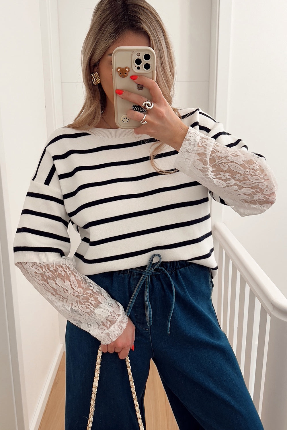White Stripe Drop Shoulder Knit Lace Patchwork Long Sleeve Sweater