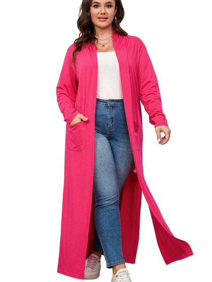 Strawberry Pink Plus Size Side Split Pockets Duster Cardigan