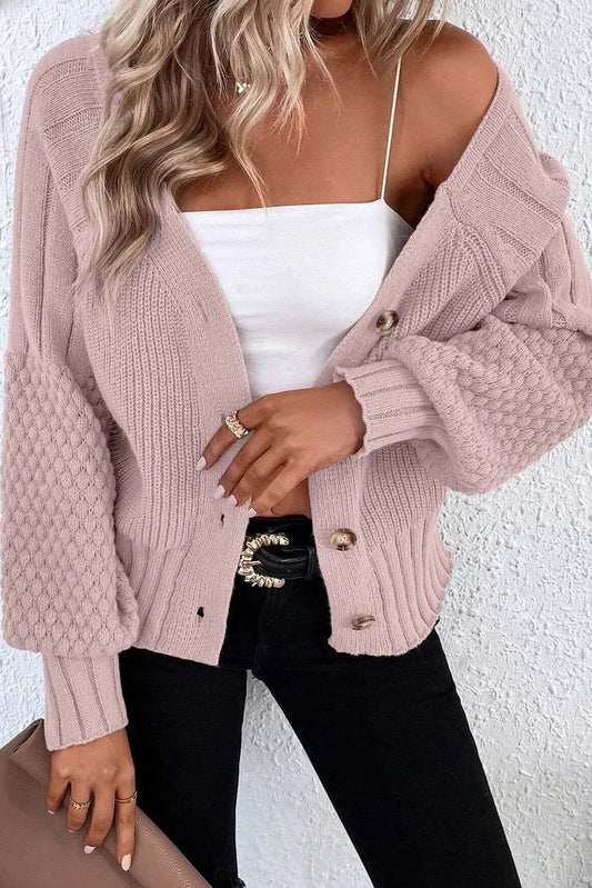 Light Pink Mixed Texture Knit Button V Neck Sweater Cardigan
