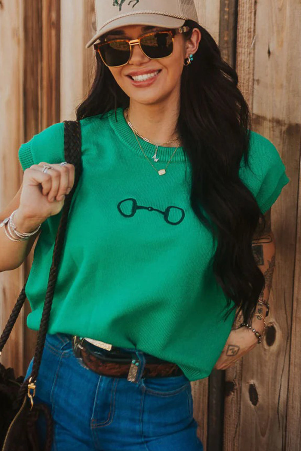 Bright Green Horse Bit Embroidered Loose Short Sleeve Sweater