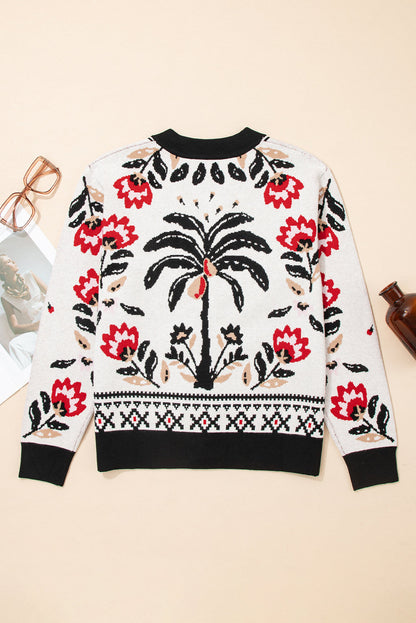 Beige Floral Print Buttoned Front V Neck Knit Cardigan