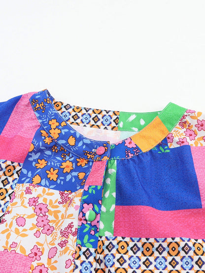 Floral Patchwork Print Button-Up Blouse