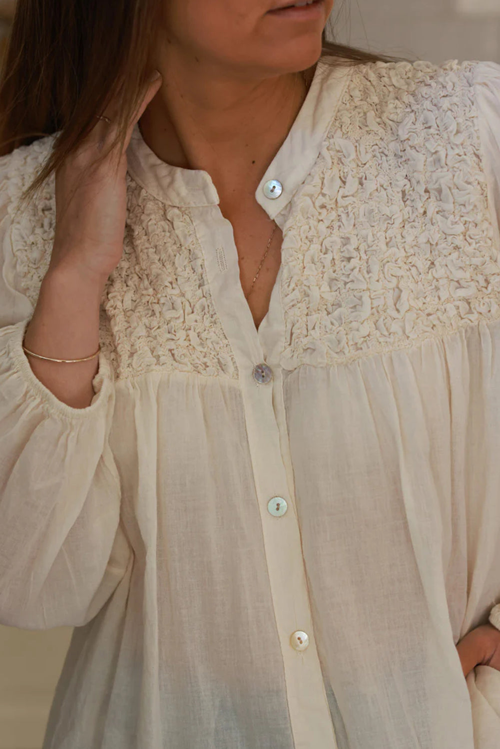 Beige Smocked Chest Elastic Cuffs Loose Sleeve Floaty Blouse