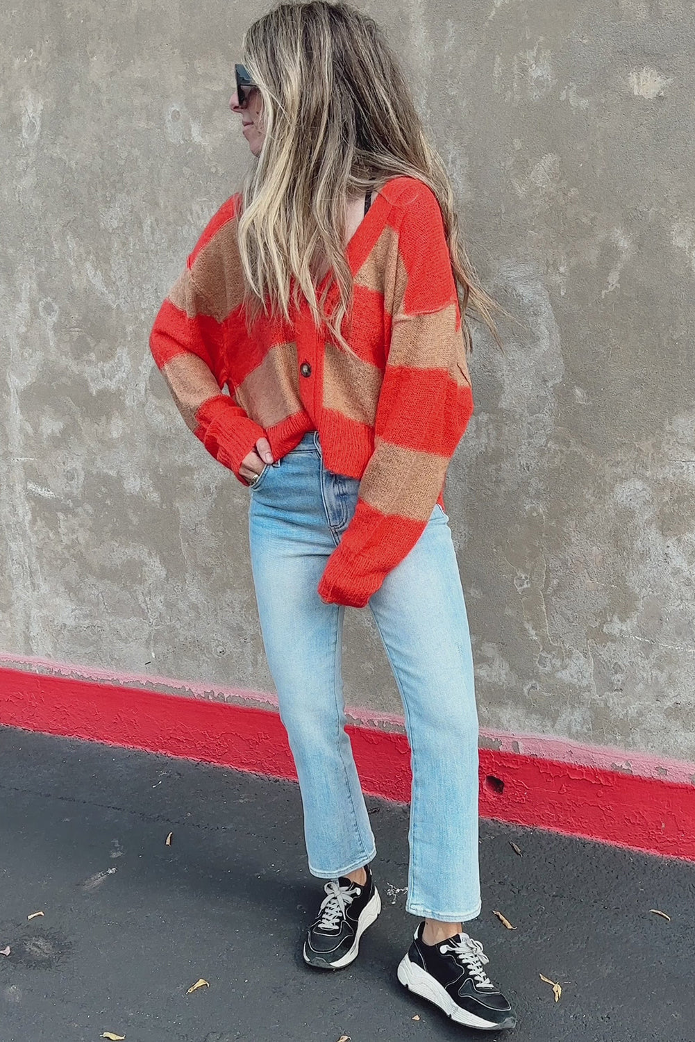 Orange Color Block Buttoned V Neck Loose Fit Cardigan