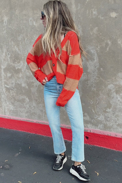 Orange Color Block Buttoned V Neck Loose Fit Cardigan