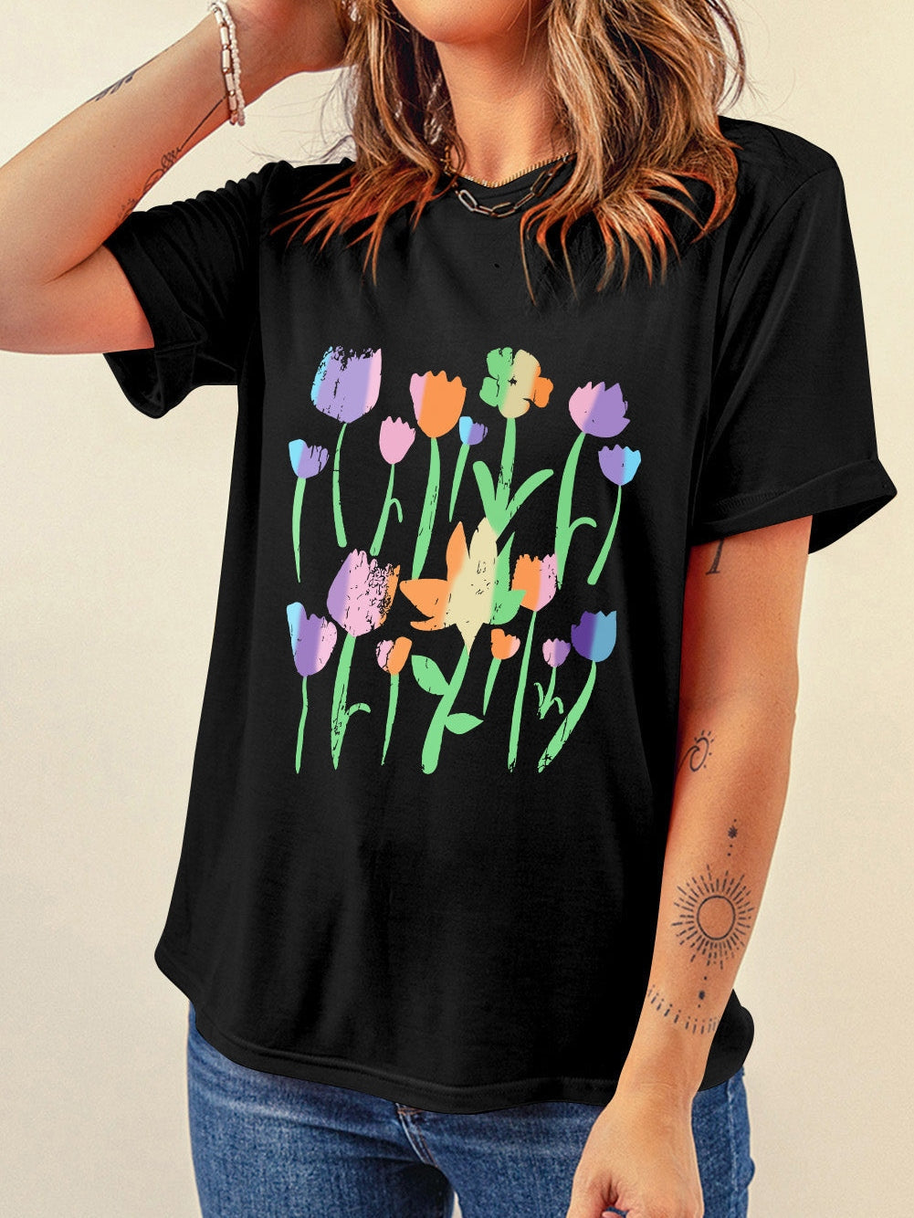 Floral Charm Black Crewneck Graphic Tee