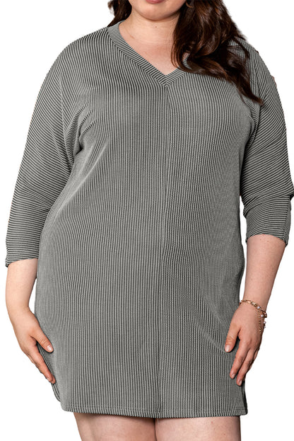 Philippine Gray Plus Size Corded V Neck Shift Dress