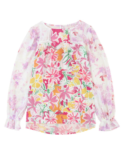 Elegant Purple Floral Lace Trim Shift Blouse