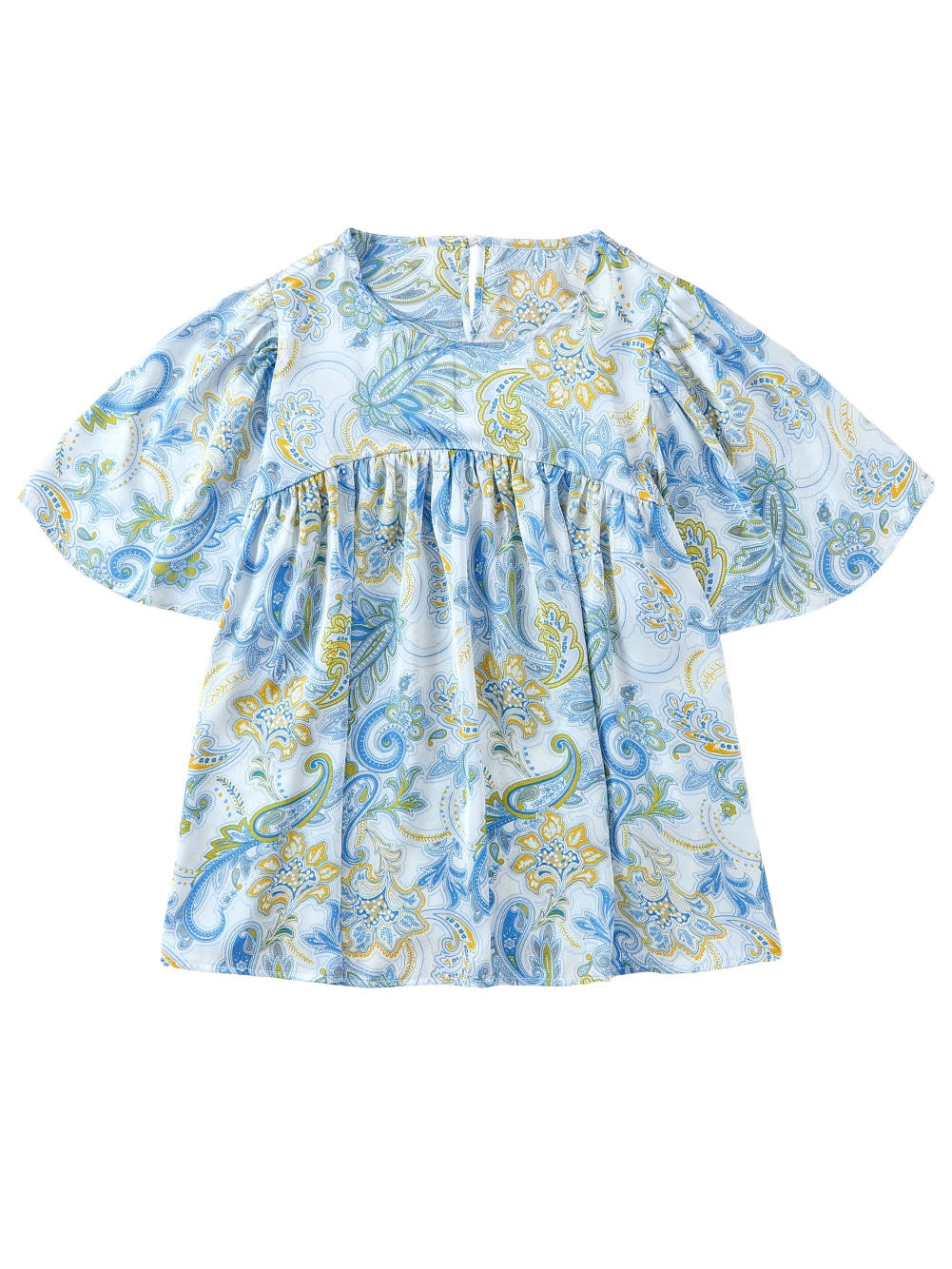 Elegant Sky Blue Paisley Pattern Flowy Blouse with Wide Sleeves