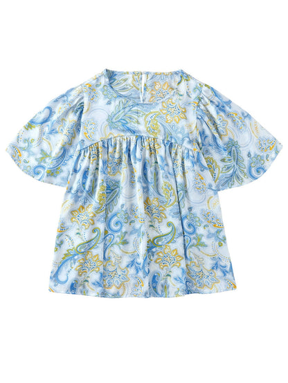 Elegant Sky Blue Paisley Pattern Flowy Blouse with Wide Sleeves