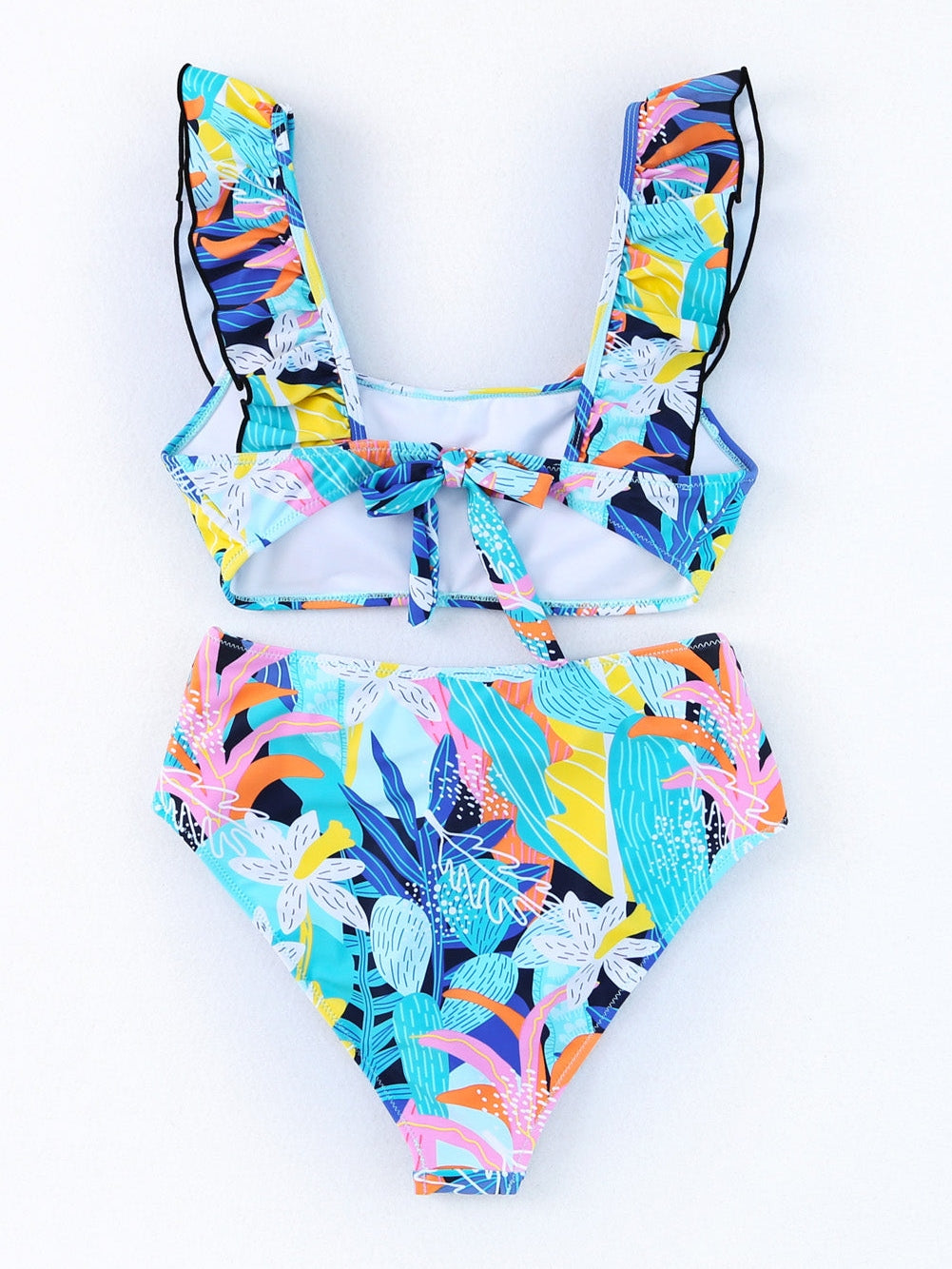 Green Floral Ruffle Square Neck High Waist Bikini Set