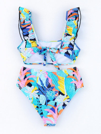 Green Floral Ruffle Square Neck High Waist Bikini Set