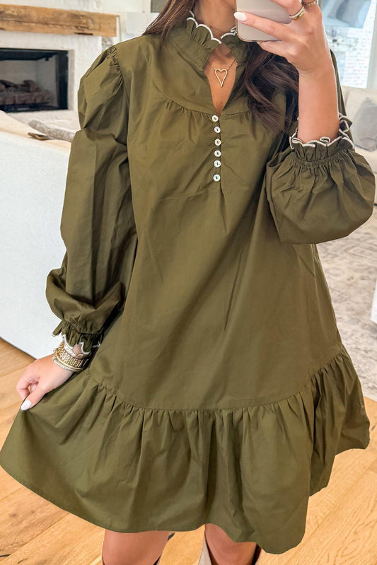 Jungle Green Ruffled Collar Buttoned Placket Shift Mini Dress