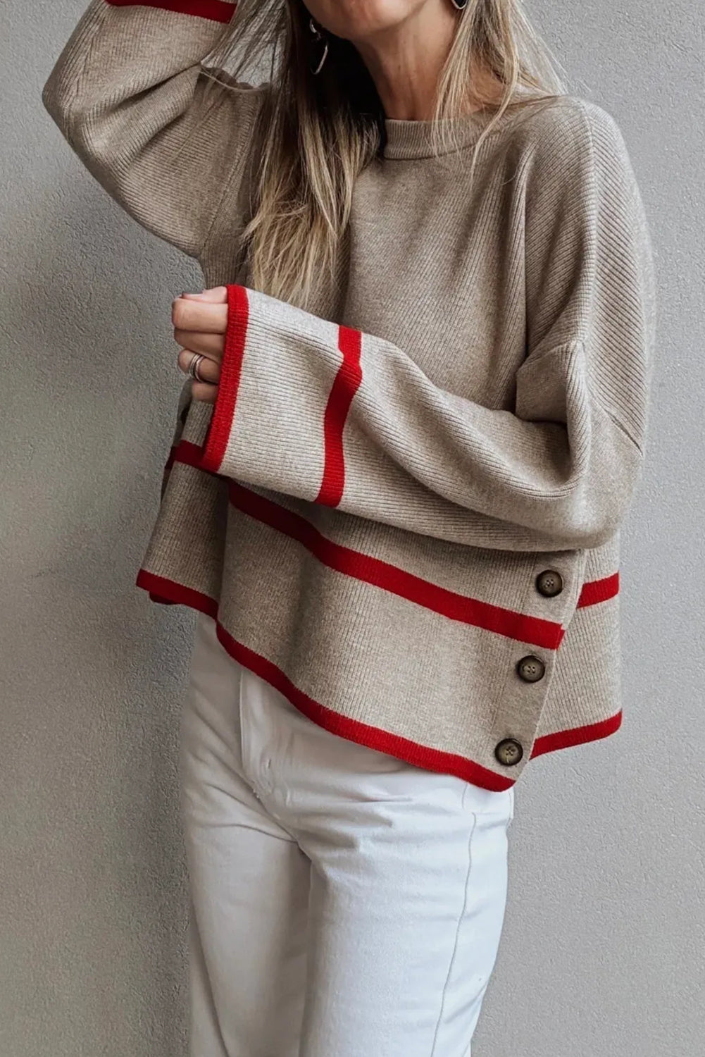 Simply Taupe Ribbed Knit Contrasted Stripe Detail Button Side Loose Sweater