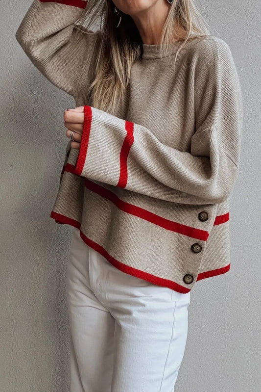 Simply Taupe Ribbed Knit Contrasted Stripe Detail Button Side Loose Sweater