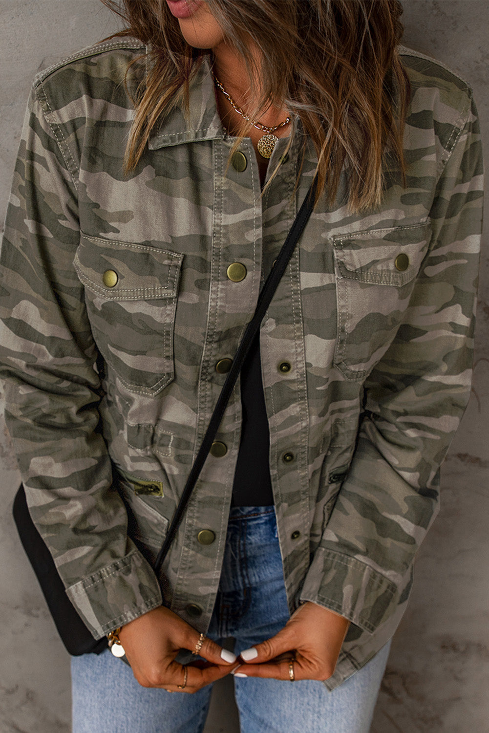 Green Camouflage Print Utility Jacket with Button Closure and Multiple Pockets