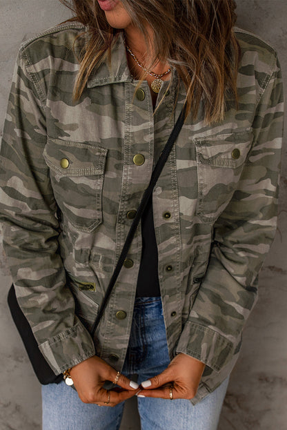 Green Camouflage Print Utility Jacket with Button Closure and Multiple Pockets