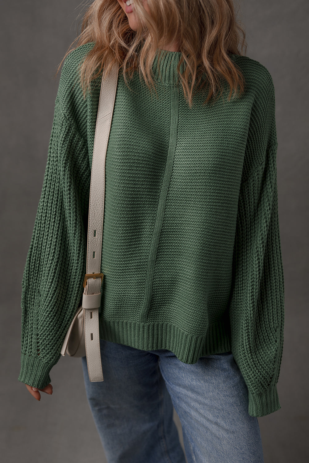 Mist Green Solid Color Front Seam Drop Shoulder Loose Sweater
