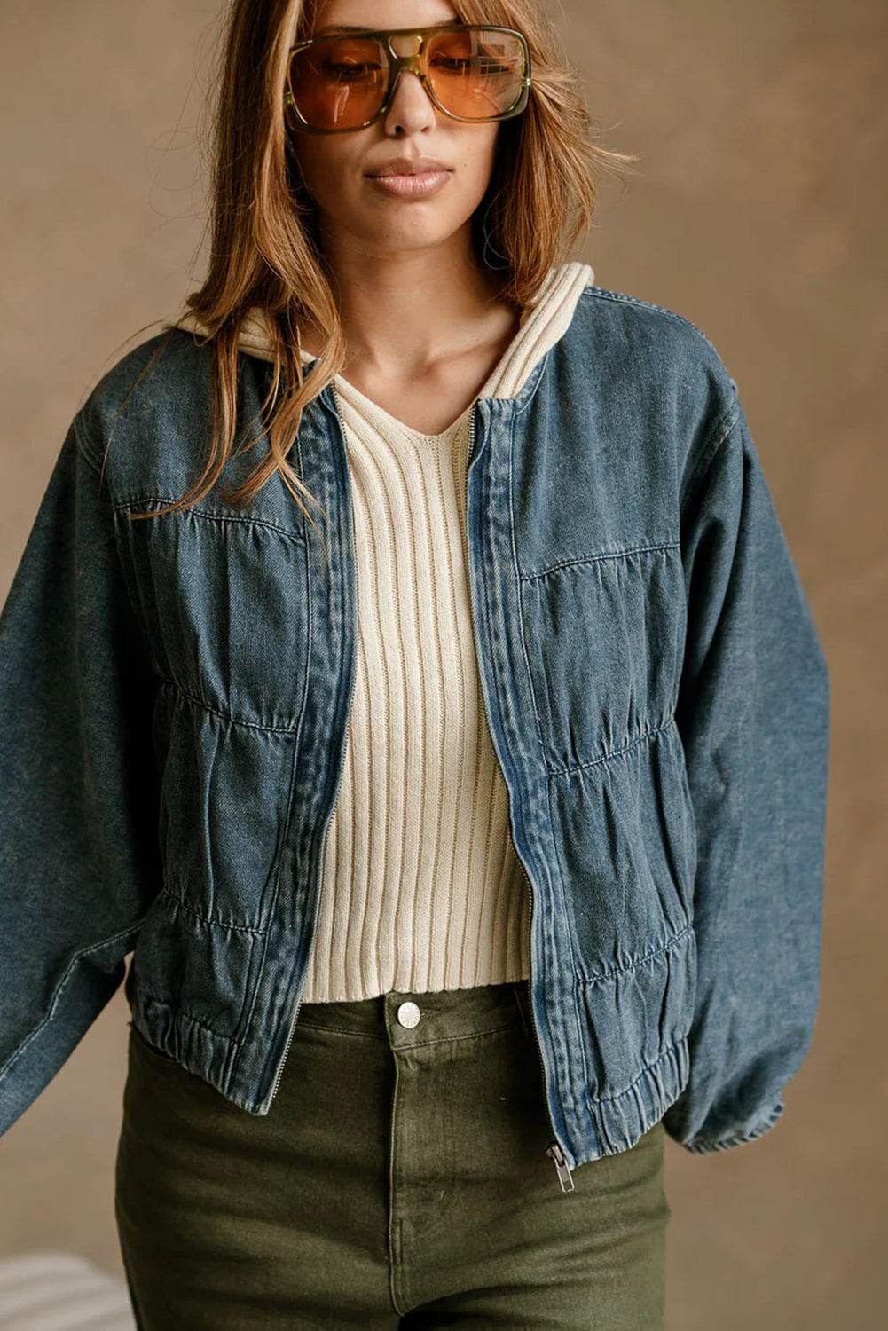 Real Teal Pleated Seam Detail Round Neck Zip Up Denim Jacket