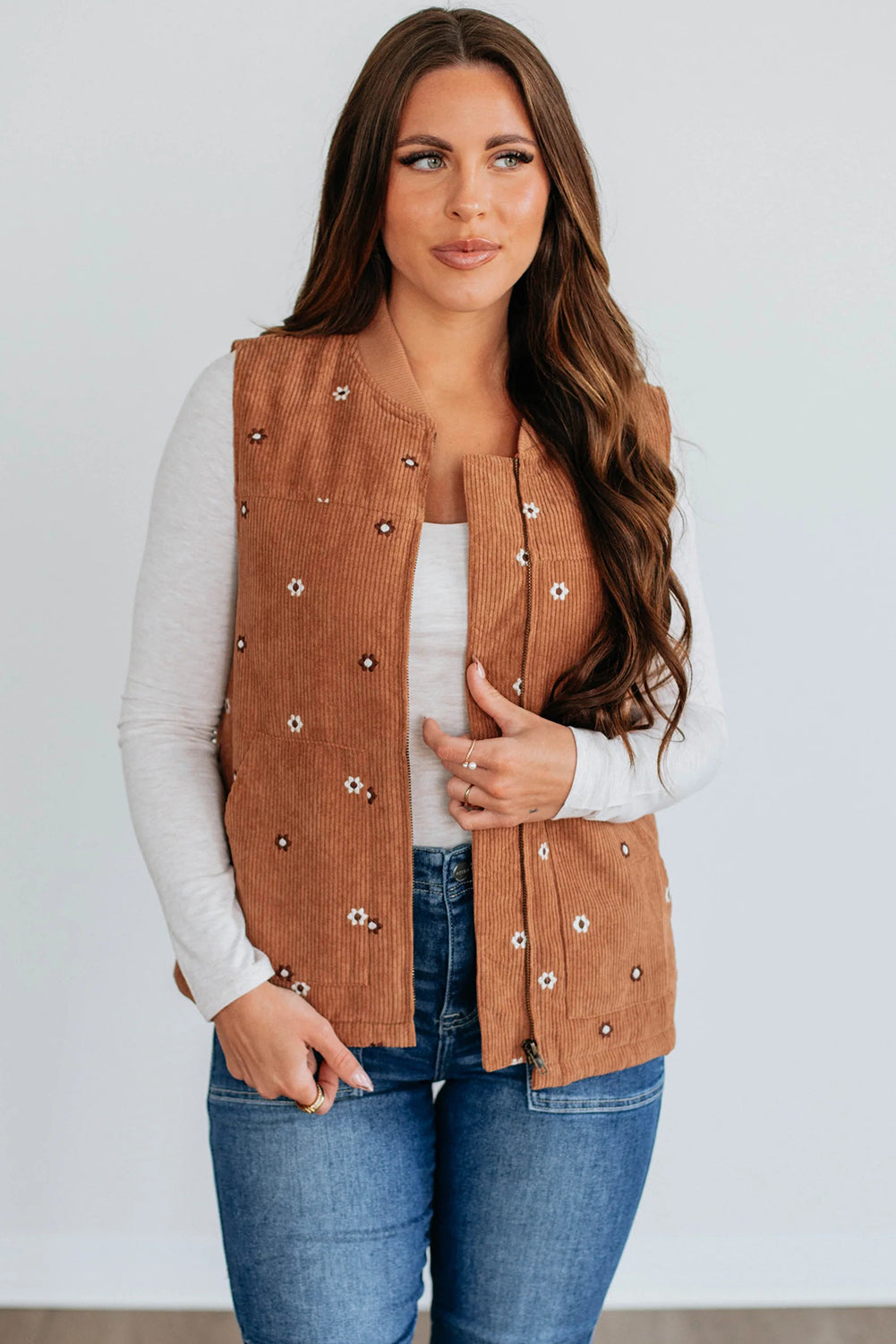 Gold Flame Corduroy Flower Embroidered Zipped Vest