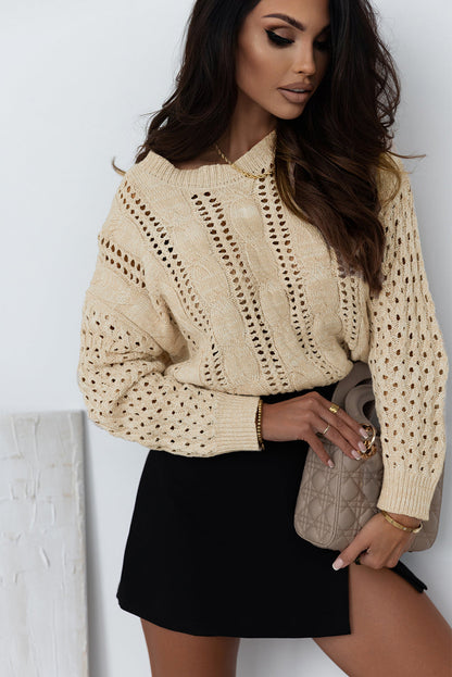 Khaki Cable Knit Drop Shoulder Sweater with Eyelets