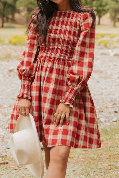 Red Plaid Print Long Sleeve Smocked Flared Mini Dress
