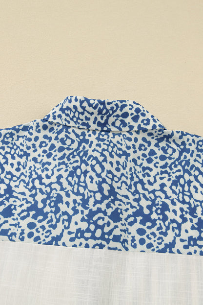 Sky Blue Leopard Striped Patchwork Casual Plus Shirt