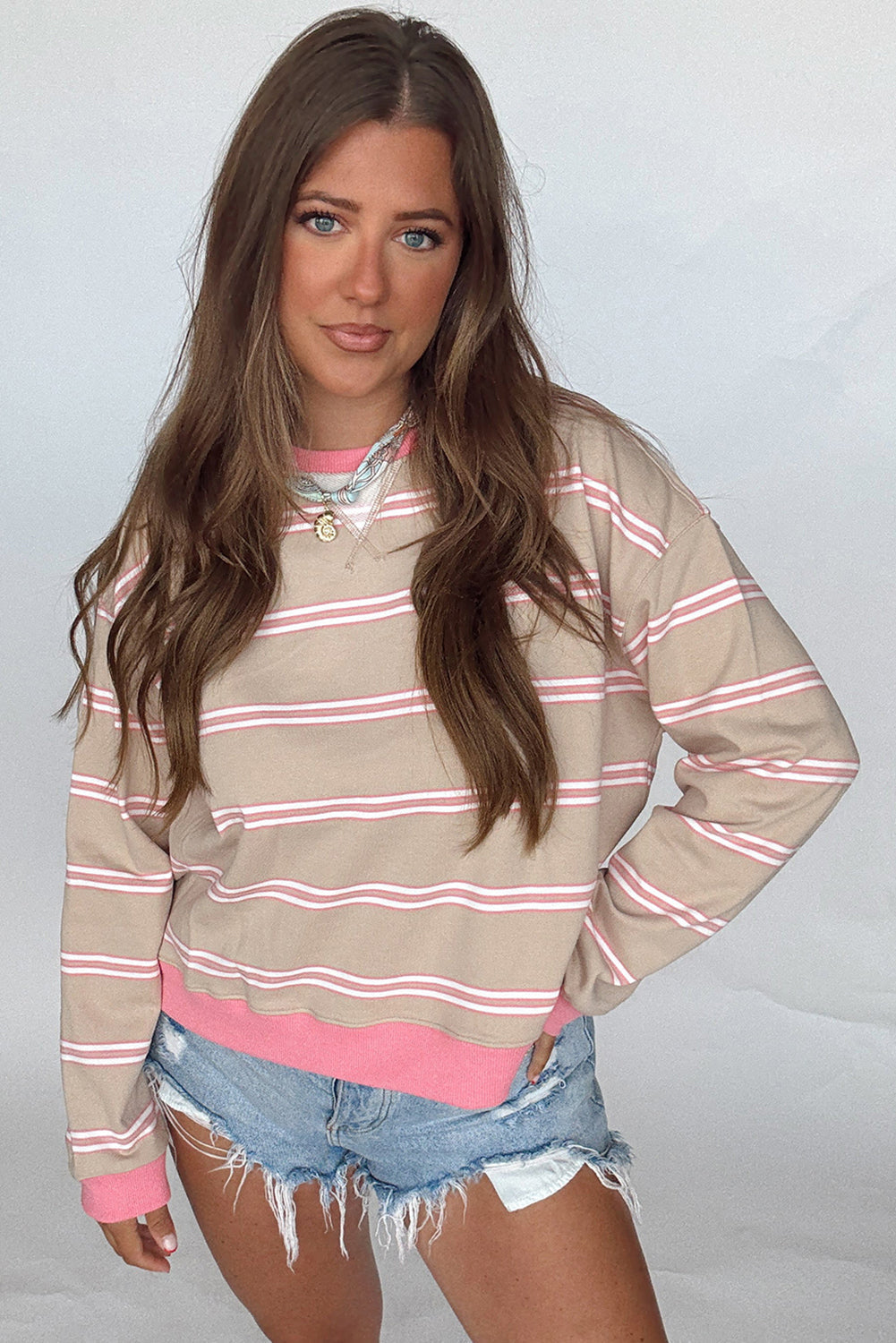 Khaki Stripe Contrast Trim Baggy Pullover Sweatshirt