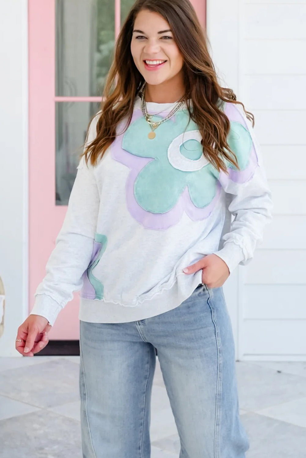 Light Grey Raw Seam Color Block Flower Patched Long Sleeve Top