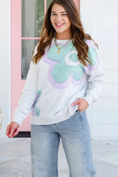 Light Grey Raw Seam Color Block Flower Patched Long Sleeve Top