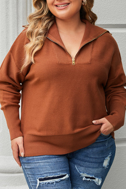 Cozy Brown Zip-Up Collar Plus Size Sweater with Ribbed Detail