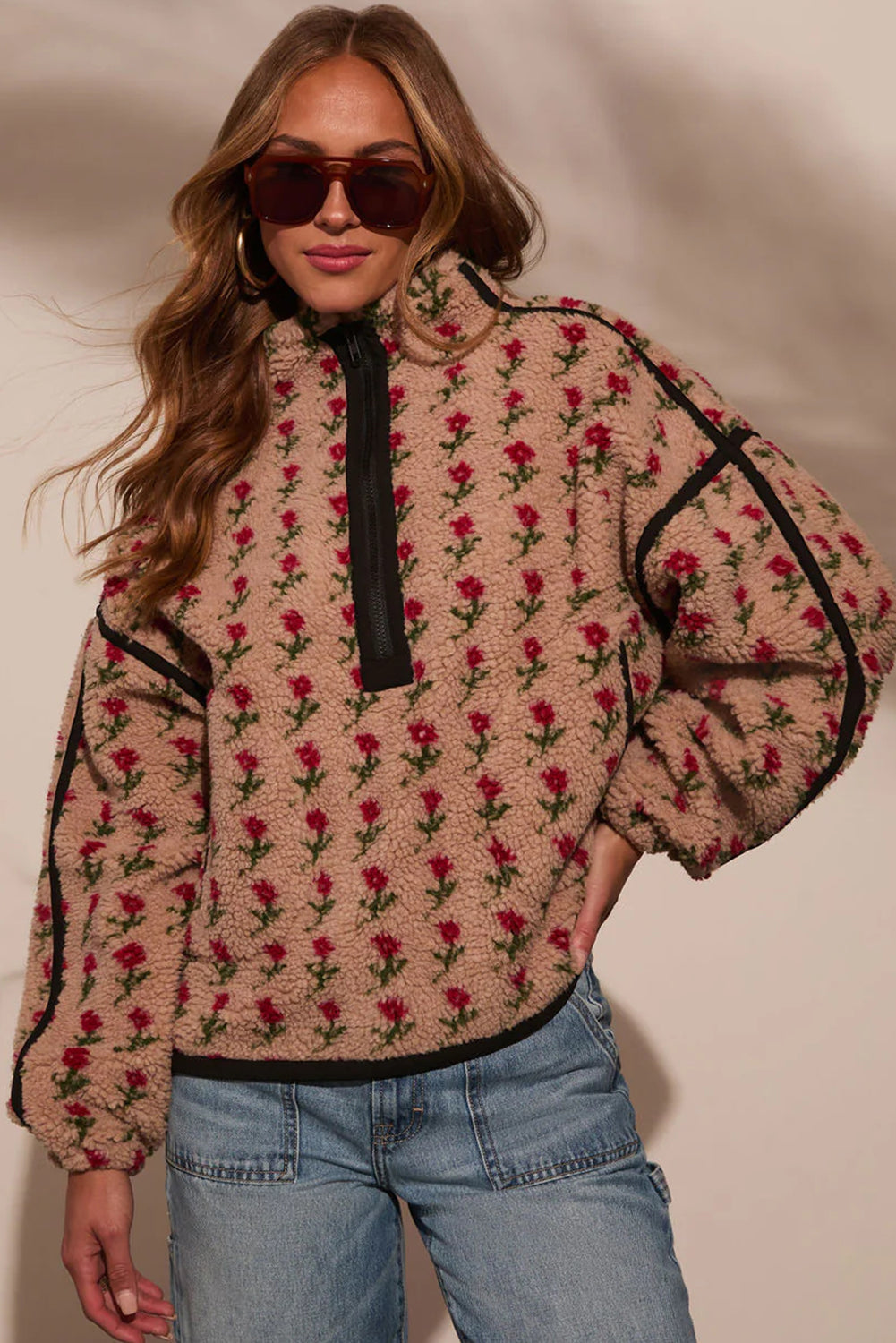 Green Floral Print Sherpa Half Zip Baggy Sweatshirt