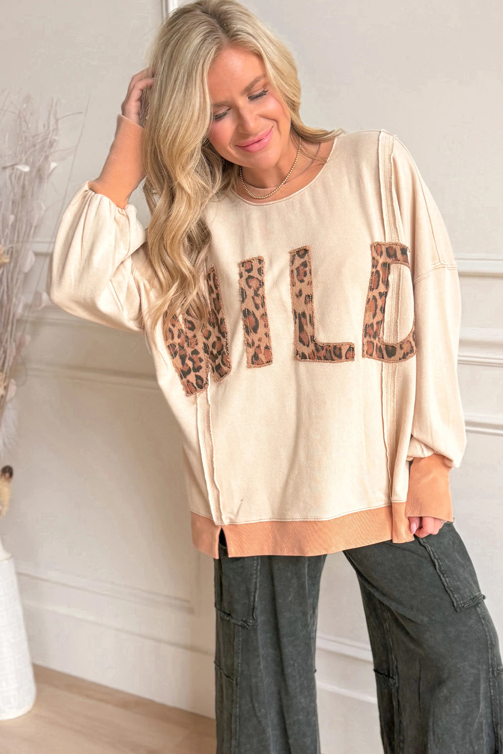 Apricot WILD Leopard Letter Stitched Raw Seam Oversize Pullover Sweatshirt