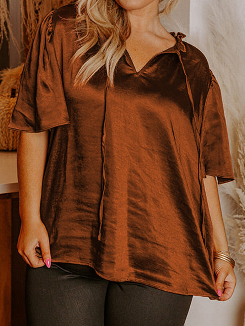 Chestnut Frilled Split Neck Plus Size Satin Blouse