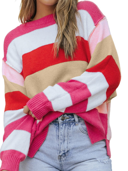 Fiery Red Mix Horizon Stripes Dolman Sleeve Pullover Sweater