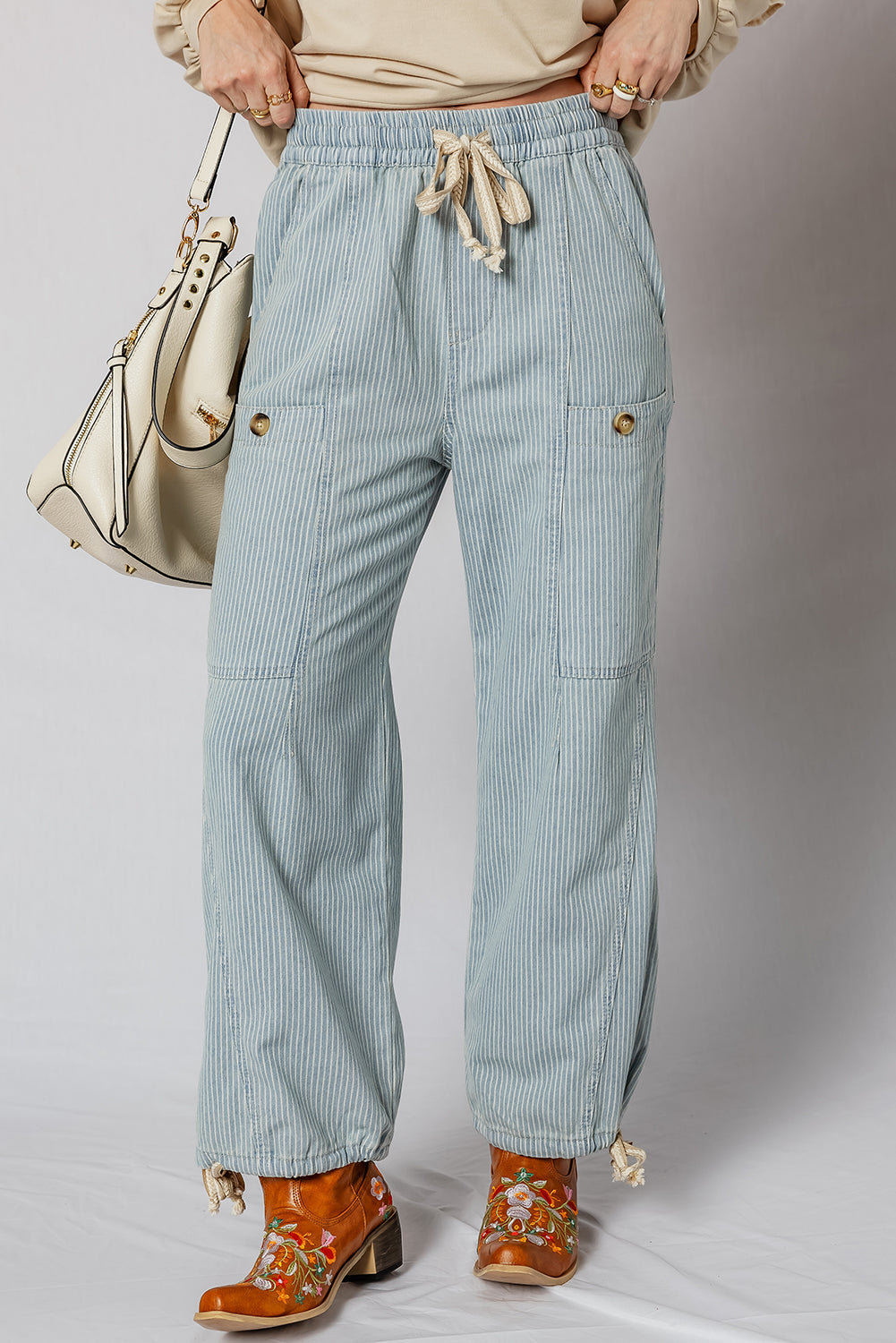 Beau Blue Striped Denim Button Patched Large Pocket Drawstring Jeans