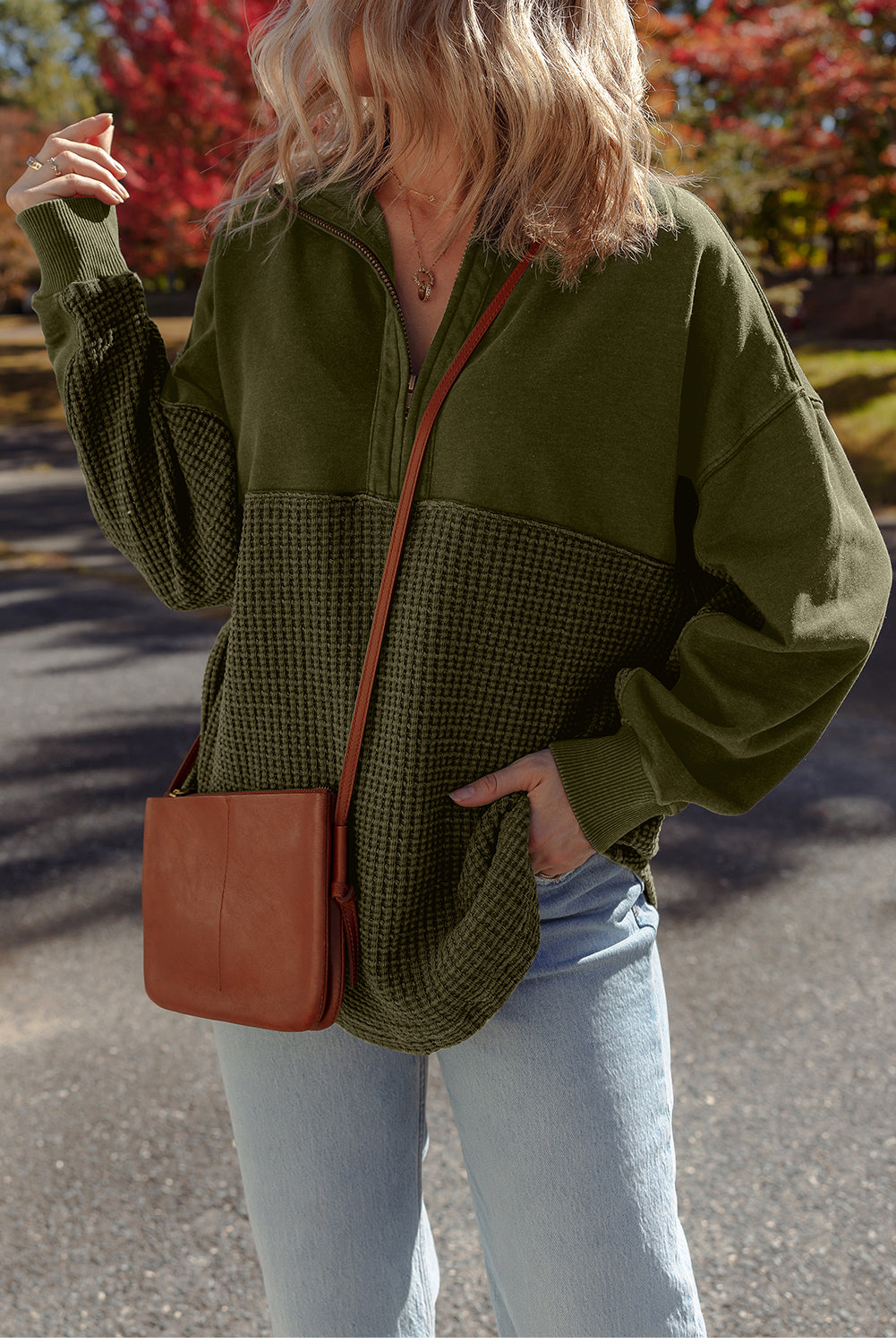 Moss Green Waffle Knit Patchwork Half Zipped Casual Sweatshirt