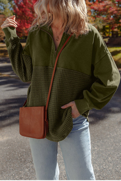 Moss Green Waffle Knit Patchwork Half Zipped Casual Sweatshirt